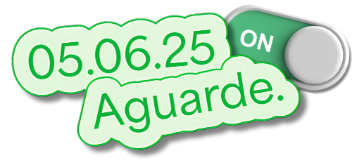 Na foto, há destacado, um adesivo verde claro com borda verde escura exibe a data "05.06.25" acima da palavra "Aguarde.". À direita, um interruptor verde está na posição "ON".